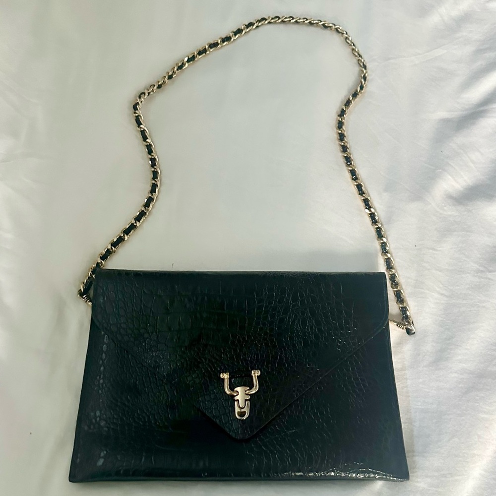 Vintage Black Vivace Women's Envelope Clutch Purse Crossbody Chain Strap Croc